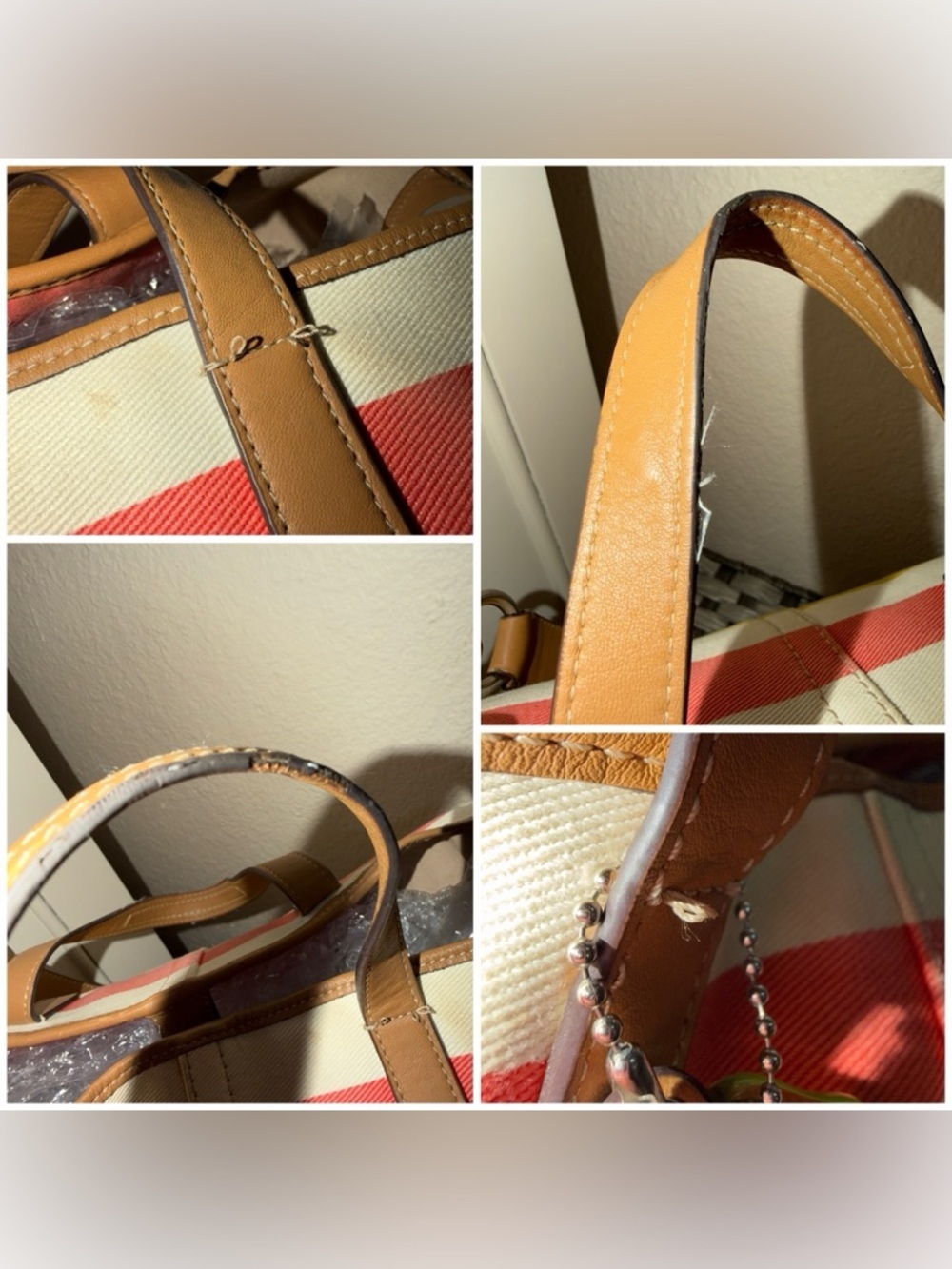 Coach Striped Canvas Tote in Coral, Mustard, Navy & Pink with Tan Leather F30041 - Picture 9 of 16